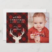 Rustieke Buffalo Plaid & Reindeer Kerstfoto Feestdagenkaart (Voorkant)