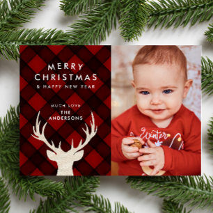 Rustieke Buffalo Plaid & Reindeer Kerstfoto Feestdagenkaart