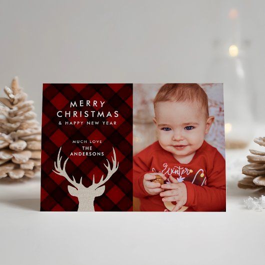 Rustieke Buffalo Plaid & Reindeer Kerstfoto Feestdagenkaart