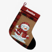 Rustieke Buffalo Plaid Sneeuwman met Naam Grote Kerstsok (Voorkant (Hangend))