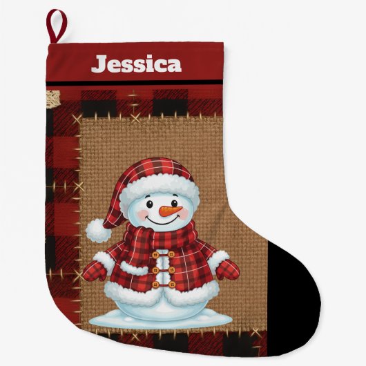 Rustieke Buffalo Plaid Sneeuwman met Naam Grote Kerstsok (Voorkant)