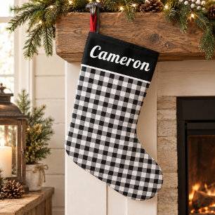 Rustieke Buffalo Plaid Tartan Zwart witte Naam Kleine Kerstsok