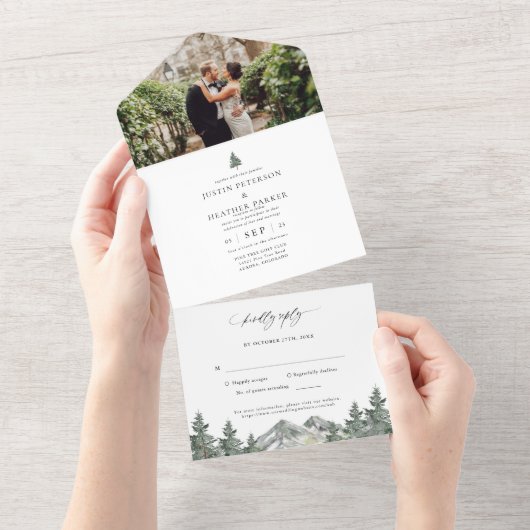 Rustieke Buitenland Berg Bos Bruiloft All In One Uitnodiging (Afscheurbaar)