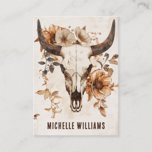Rustieke Bull Koe Skull en Flowers Boho Western Visitekaartje (Voorkant)