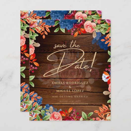 Rustieke Burgundy Blauwe Bloemige Trouw SAVE THE D (Voorkant / Achterkant)