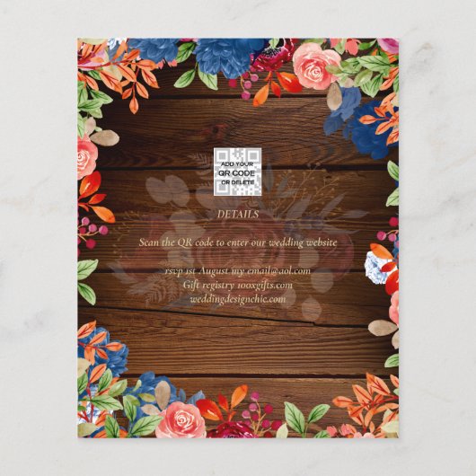 Rustieke Burgundy Blauwe Bloemige Trouw SAVE THE D (Achterkant)