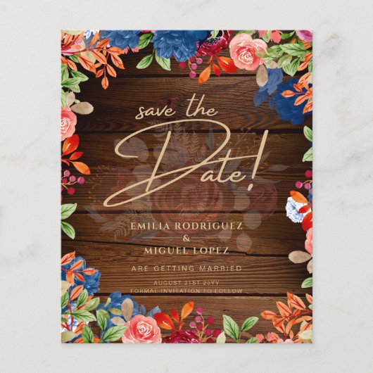 Rustieke Burgundy Blauwe Bloemige Trouw SAVE THE D (Voorkant)