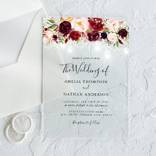 Rustieke Burgundy Bloem Lichtjes Bruiloft Acryl Uitnodigingen