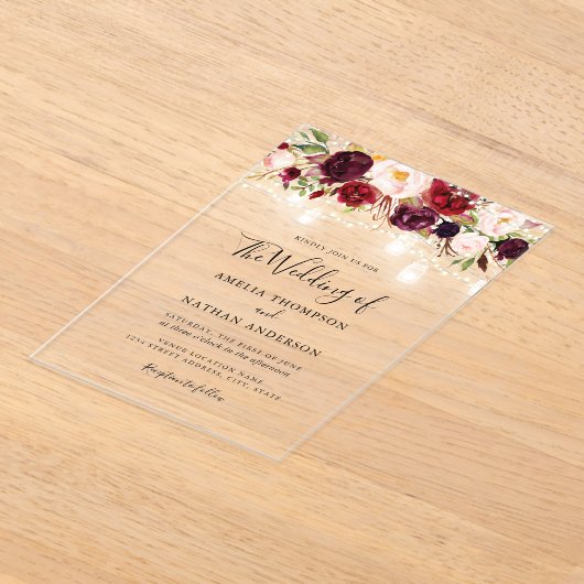 Rustieke Burgundy Bloem Lichtjes Bruiloft Acryl Uitnodigingen (Laagn)