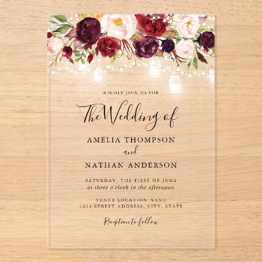 Rustieke Burgundy Bloem Lichtjes Bruiloft Acryl Uitnodigingen (Voorkant)