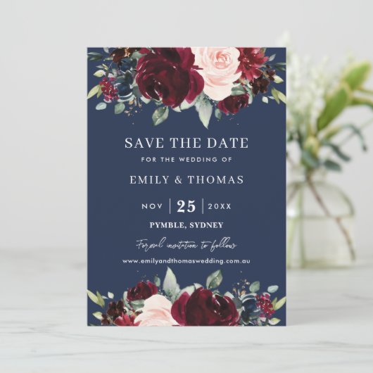 Rustieke Burgundy Blush Navy Bloemige Groene Trouw Save The Date (Staand voorkant)