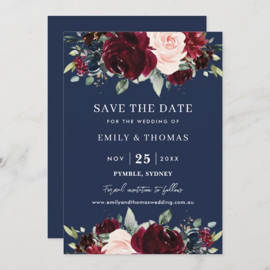 Rustieke Burgundy Blush Navy Bloemige Groene Trouw Save The Date (Voorkant / Achterkant)