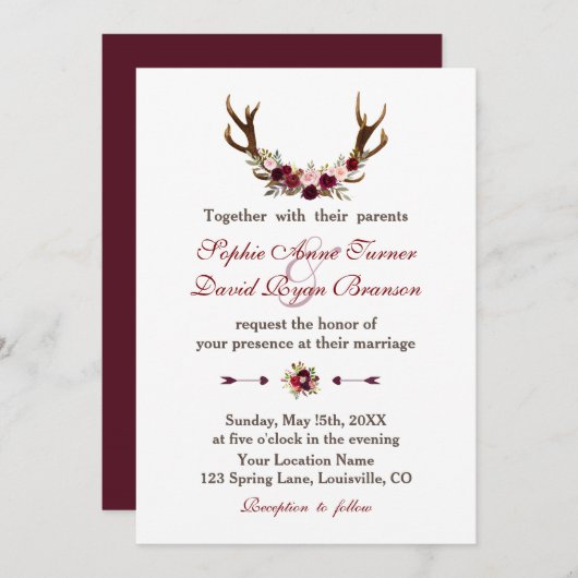 Rustieke Burgundy Marsala Bloem Takken Herten Wedd Kaart (Voorkant / Achterkant)