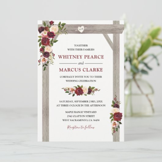 Rustieke Burgundy Roze Bloemige Boho Trouwboog Kaart (Staand voorkant)