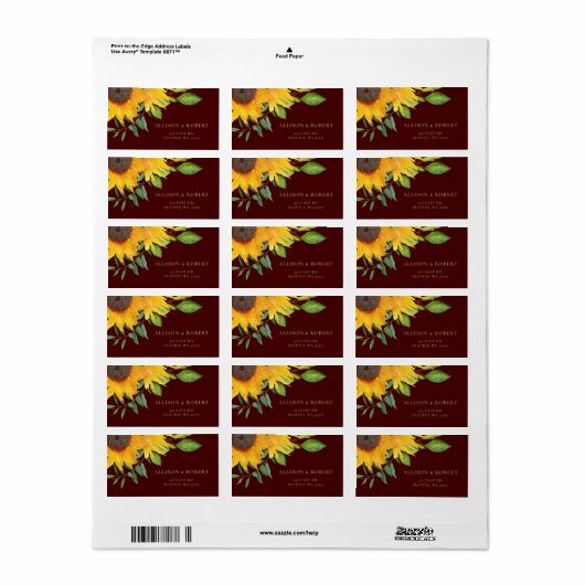 Rustieke Burgundy Zonnebloemen Bruiloft Etiket (Full Sheet)