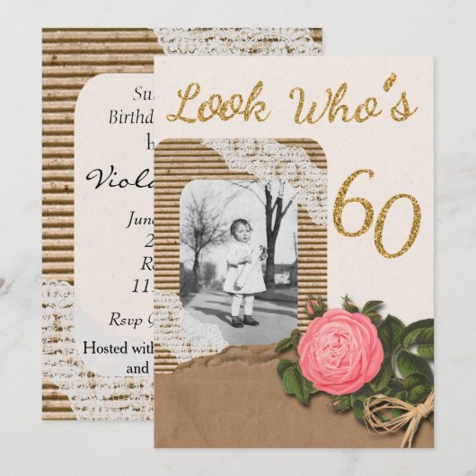 Rustieke Burlap and Lace Roos 60e verjaardag Kaart (Voorkant / Achterkant)