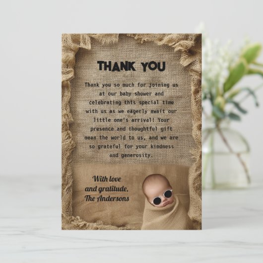 Rustieke Burlap Baby shower Bedankt Card (Staand voorkant)