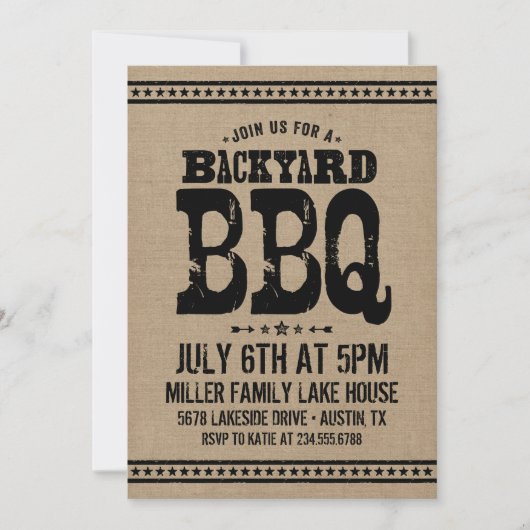 Rustieke Burlap Backyard BBQ Party uitnodiging (Voorkant)