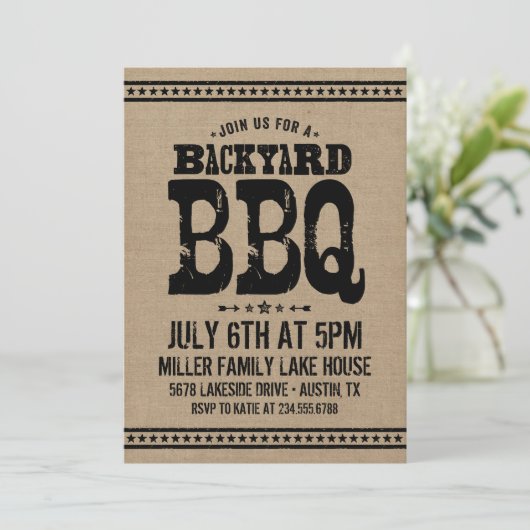 Rustieke Burlap Backyard BBQ Party uitnodiging (Staand voorkant)