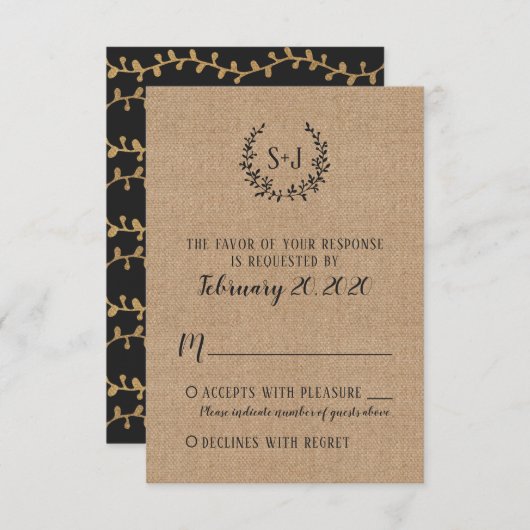 Rustieke Burlap Black Typography Wedding RSVP Kaar (Voorkant / Achterkant)