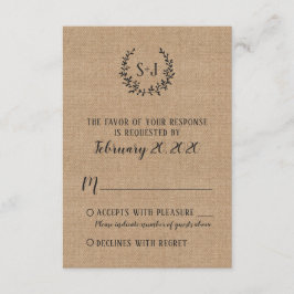 Rustieke Burlap Black Typography Wedding RSVP Kaar Kaartje