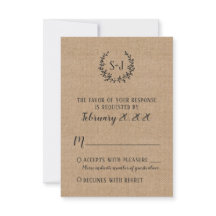 Rustieke Burlap Black Typography Wedding RSVP Kaar