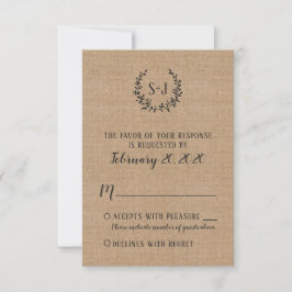 Rustieke Burlap Black Typography Wedding RSVP Kaar Kaartje