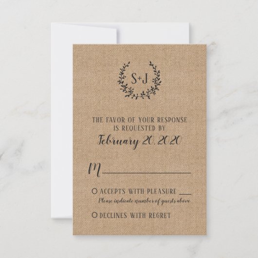 Rustieke Burlap Black Typography Wedding RSVP Kaar Kaartje (Voorkant)