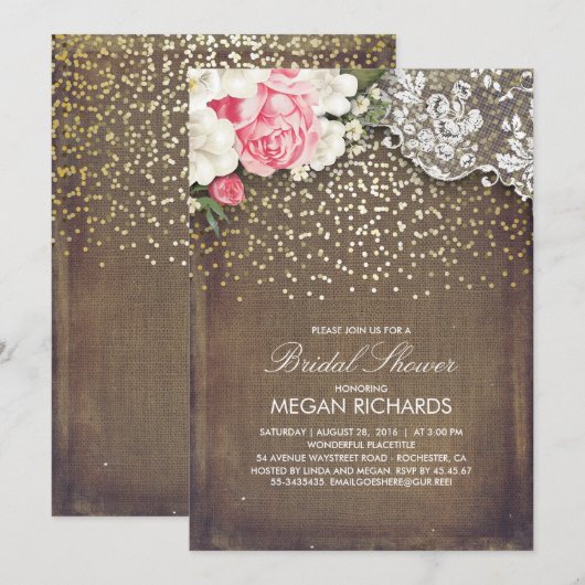 Rustieke Burlap Bloemen Kant Goud Vrijgezellenfees Kaart (Voorkant / Achterkant)