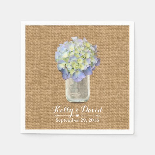 Rustieke Burlap Blue Hydrangea Mason Jar Bruiloft Servet (Voorkant)