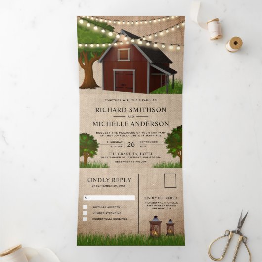 Rustieke Burlap Boerderij Red Barn String Lights W Drieluik Uitnodiging (Binnen)