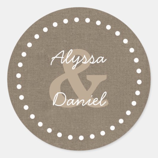 Rustieke Burlap bruiloft bruid bruidegom A06 met S Ronde Sticker (Voorkant)