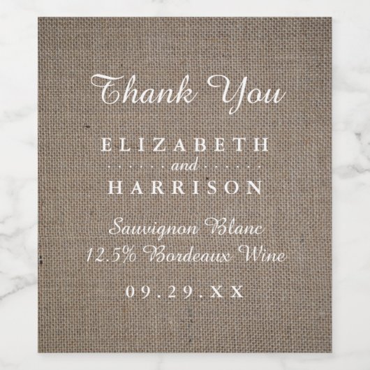Rustieke Burlap bruiloft dank u gunst Wijn Etiket (Enkel label)