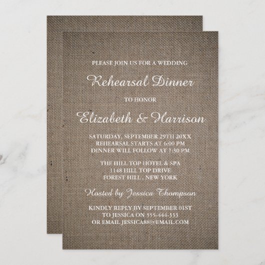 Rustieke Burlap bruiloft repetitie diner Kaart (Voorkant / Achterkant)