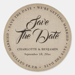 Rustieke  Burlap bruiloft Save The Date Ronde Sticker