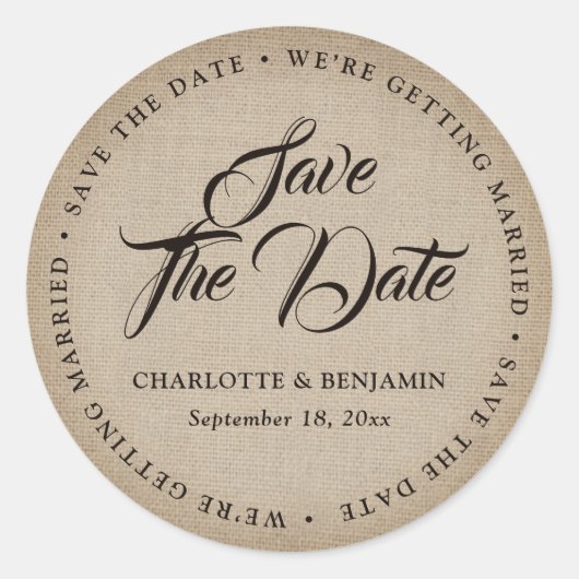 Rustieke  Burlap bruiloft Save The Date Ronde Sticker (Voorkant)