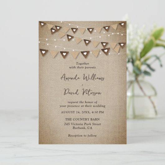 Rustieke Burlap Bunting String Lights Bruiloft Kaart (Staand voorkant)