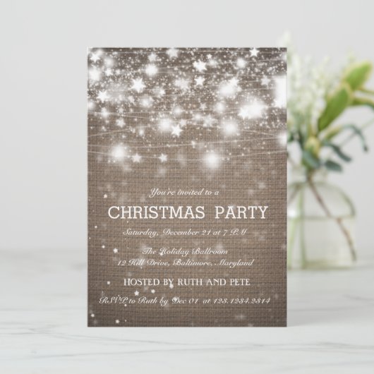 Rustieke Burlap Christmas Party Shining Stars Kaart (Staand voorkant)