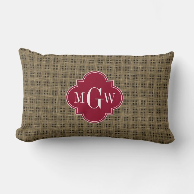 Rustieke Burlap Cranberry Quatrefoil 3 Monogram Kussen (Voorkant)