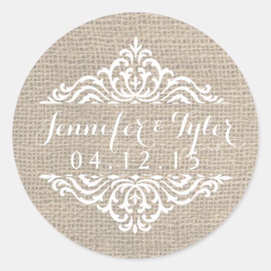 Rustieke Burlap  Damask Bruiloft Stickers (Voorkant)
