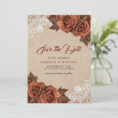 Rustieke Burlap Dusty Terracotta Roos Trouwfoto Save The Date (Staand voorkant)
