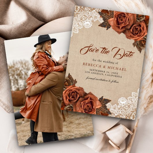 Rustieke Burlap Dusty Terracotta Roos Trouwfoto Save The Date