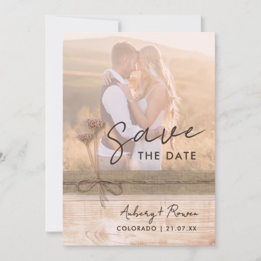 Rustieke Burlap Eco Wood Blush Wildflower Boho Fot Save The Date (Voorkant)