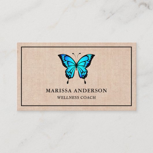 Rustieke Burlap Elegant Blauwe Vlinder Visitekaartje (Voorkant)