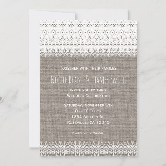 Rustieke Burlap & Elegant Kant Bruiloft Uitnodigin Kaart (Voorkant)