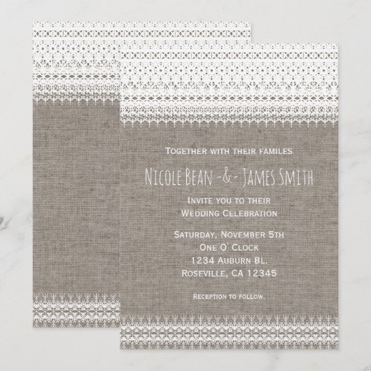 Rustieke Burlap & Elegant Kant Bruiloft Uitnodigin Kaart (Voorkant / Achterkant)