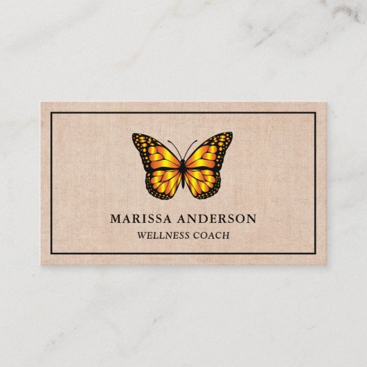 Rustieke Burlap Elegant Sinaasappel Monarch Butter Visitekaartje (Voorkant)