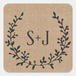 Rustieke Burlap Elegant Zwart Krans Bruiloft Seal Vierkante Sticker