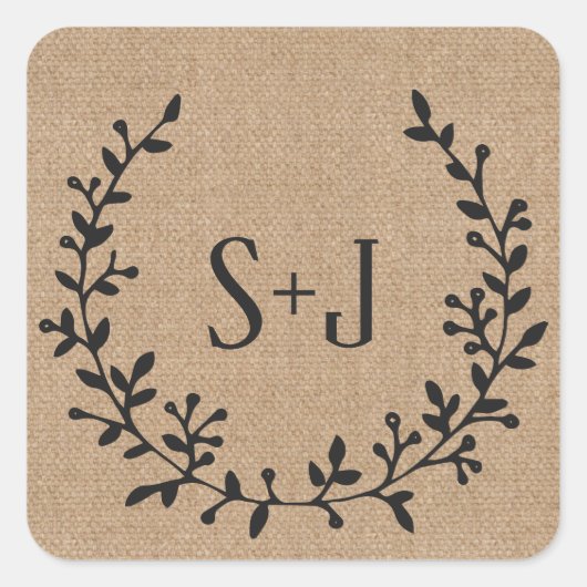 Rustieke Burlap Elegant Zwart Krans Bruiloft Seal Vierkante Sticker (Voorkant)