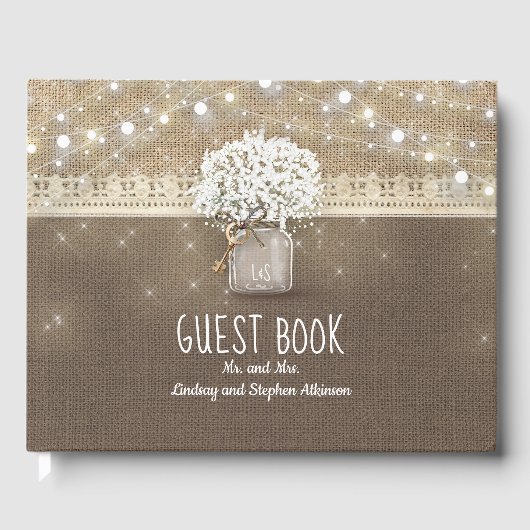 Rustieke Burlap en Baby's Breath Mason Jar Bruilof Gastenboek (Voorkant)